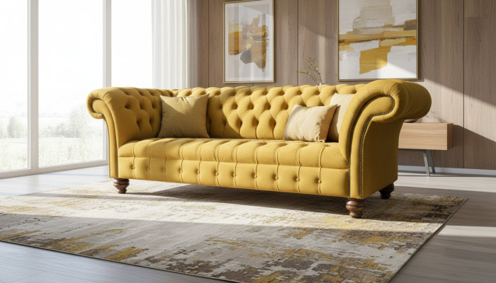 xxl Divano Chesterfield 225 cm Imbottito Sofà 3 Posti Pelle Tessuto Nuovo