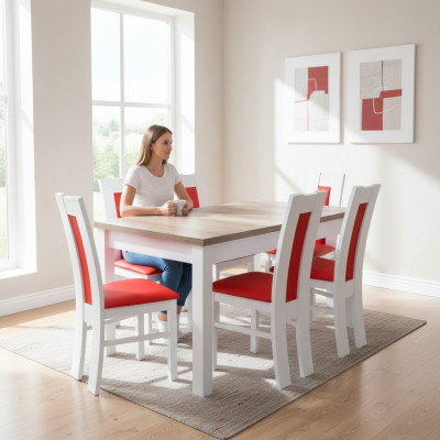 Set da pranzo, set di 7 pezzi. Rosso, 6 sedie, sedia, tavolo, gruppo completo, con schienale.