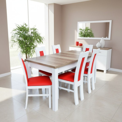 Set da pranzo, set di 7 pezzi. Rosso, 6 sedie, sedia, tavolo, gruppo completo, con schienale.