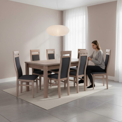 Tavolo rettangolare da pranzo con 6 sedie in legno, set da pranzo con 7 pezzi.