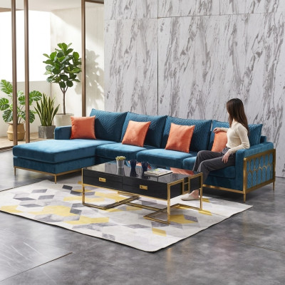 Divano ad angolo in forma di L, tavolino da caffè, divano, design del divano, lusso, blu, tavolo.