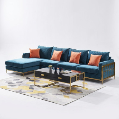 Divano ad angolo in forma di L, tavolino da caffè, divano, design del divano, lusso, blu, tavolo.