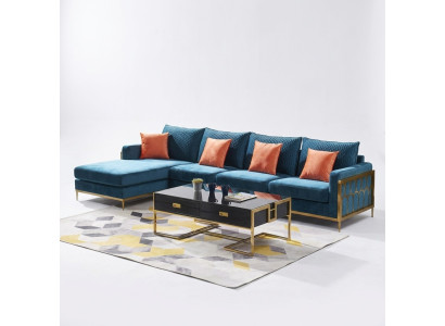 Divano ad angolo in forma di L, tavolino da caffè, divano, design del divano, lusso, blu, tavolo.