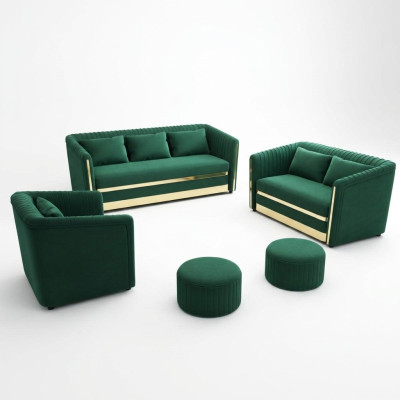 Verde set di divani in acciaio inossidabile 3+2 con cuscini per il soggiorno.