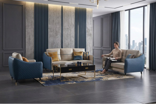 Divano blu-beige in pelle 3+2, set di poltrone design per divani imbottiti, mobili decorativi.