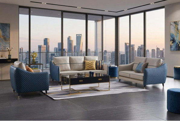 Divano blu-beige in pelle 3+2, set di poltrone design per divani imbottiti, mobili decorativi.