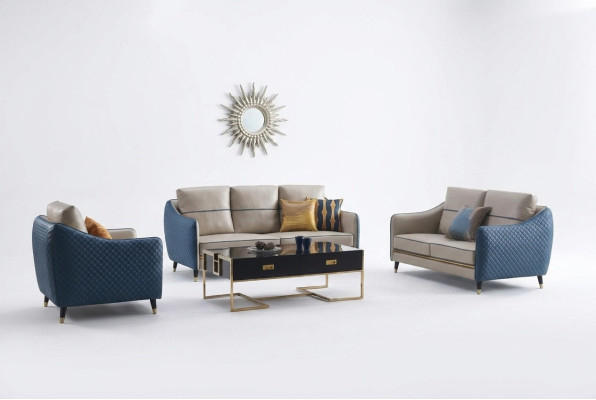 Divano blu-beige in pelle 3+2, set di poltrone design per divani imbottiti, mobili decorativi.