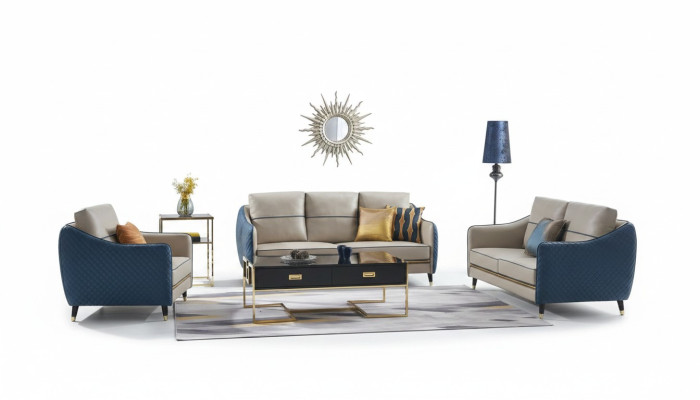 Sofà 3+1 posti in set design, divani decorativi in pelle per il relax.
