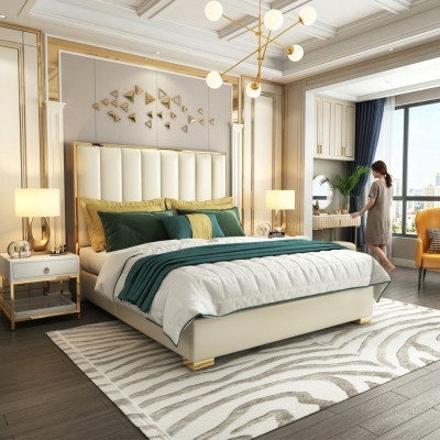Camera da letto classica Letto Bianco Tessile Letti in Pelle Imbottiti Matrimoniali