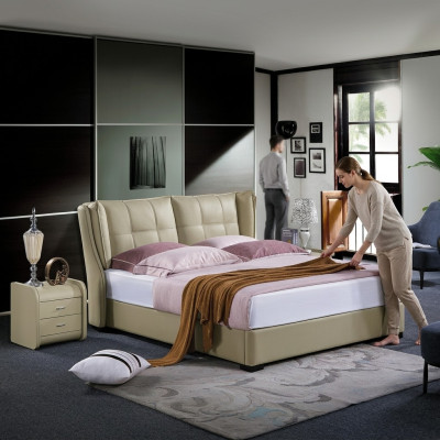 Camera da letto classica Letto Beige Tessuto Letti in pelle Imbottiti Matrimoniale 180x200cm.