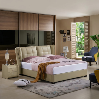 Camera da letto classica Letto Beige Tessuto Letti in pelle Imbottiti Matrimoniale 180x200cm.