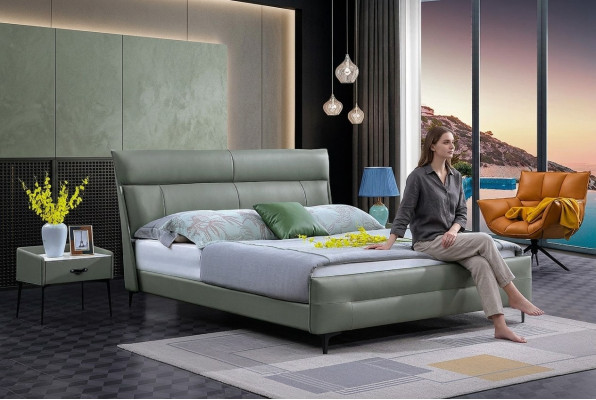 Letto completo Letto in pelle verde Letto di lusso Design camera da letto Mobili 180x200