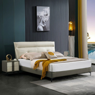 Letto matrimoniale imbottito di design in pelle nuovo A591.