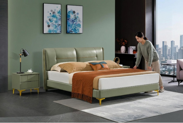 Set camera da letto Letto Comodino Design Moderno Lusso Letti in Pelle 3 pezzi.