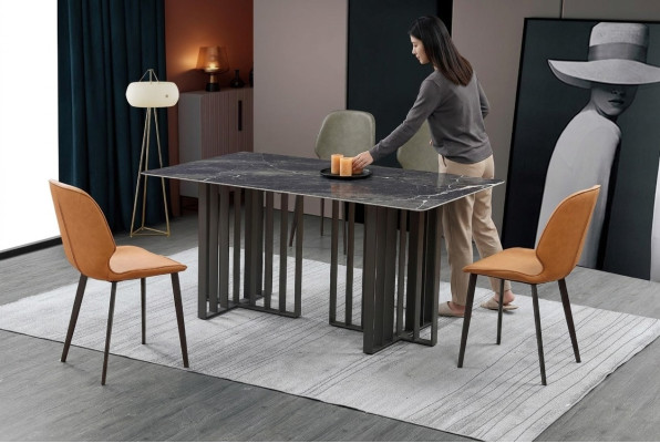 Tavolo da pranzo di lusso in acciaio inox e marmo, imitazione di pietra, tavolo da pranzo 180x90cm.
