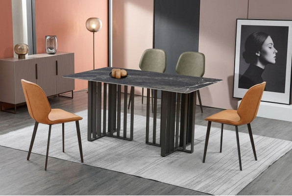 Tavolo da pranzo di lusso in acciaio inox e marmo, imitazione di pietra, tavolo da pranzo 180x90cm.