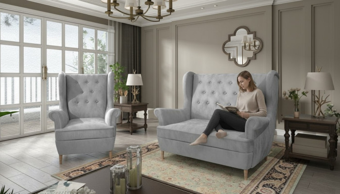 Divano Chesterfield in tessuto grigio, 2 posti + 1 poltrona in velluto imbottito.