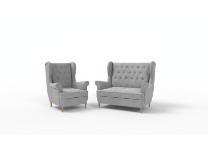 Divano Chesterfield in tessuto grigio, 2 posti + 1 poltrona in velluto imbottito.
