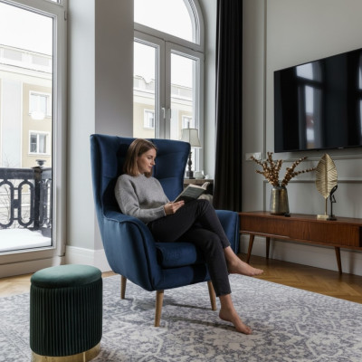 Poltrona Club Lounge, poltrona design, poltrona con braccioli, divano imbottito a una piazza, nuovo tessile TV.