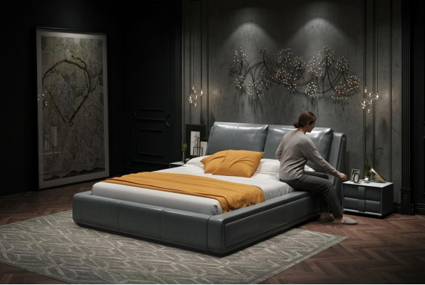 Letto design di lusso matrimoniale in pelle doppio per hotel in metallo. Camera da letto matrimoniale nuova.