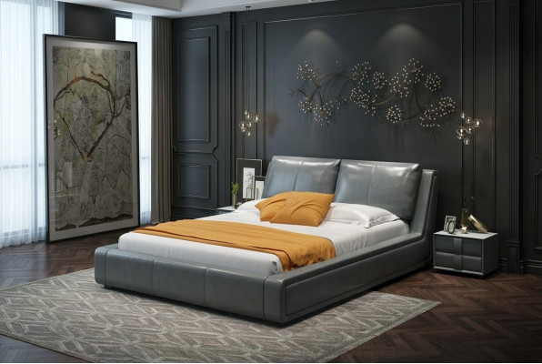 Letto design di lusso matrimoniale in pelle doppio per hotel in metallo. Camera da letto matrimoniale nuova.