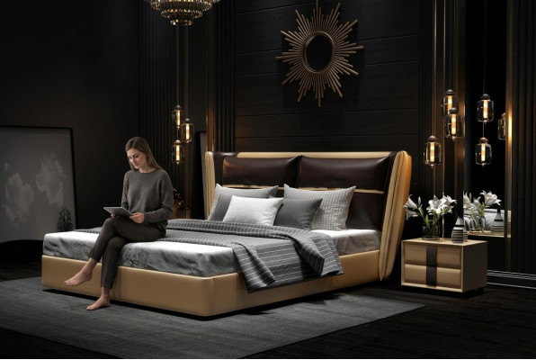 Lussuoso hotel di design. Letto della camera da letto imbottito. Letti matrimoniali.