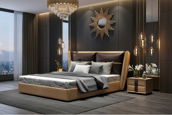 Lussuoso hotel di design. Letto della camera da letto imbottito. Letti matrimoniali.