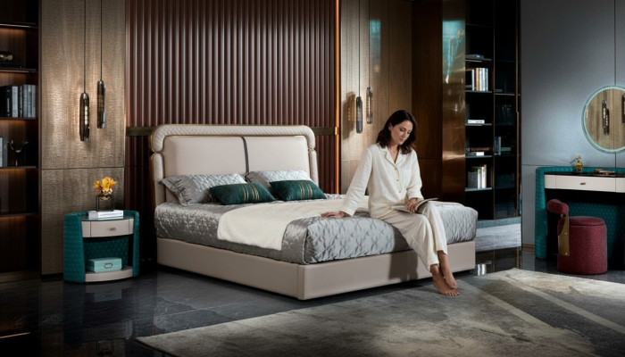 Letto Camera da letto Beige Letto matrimoniale Letto in pelle Design moderno Mobili in legno
