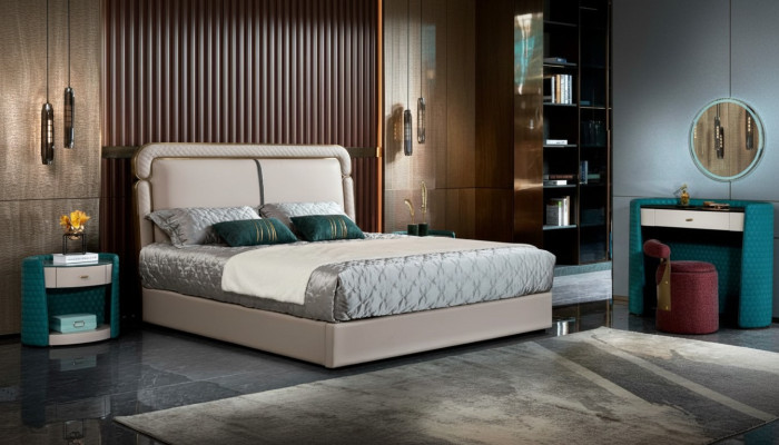 Letto Camera da letto Beige Letto matrimoniale Letto in pelle Design moderno Mobili in legno