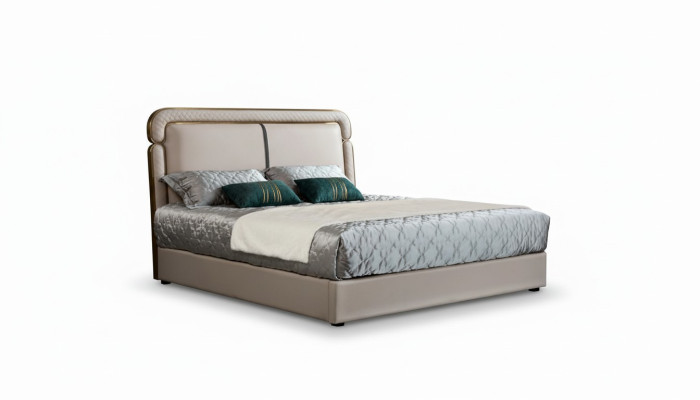 Letto Camera da letto Beige Letto matrimoniale Letto in pelle Design moderno Mobili in legno
