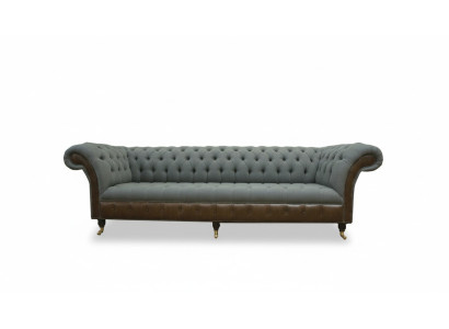 Chesterfield 4 posti in tessuto grigio, design soggiorno, divano imbottito grande in tessuto.