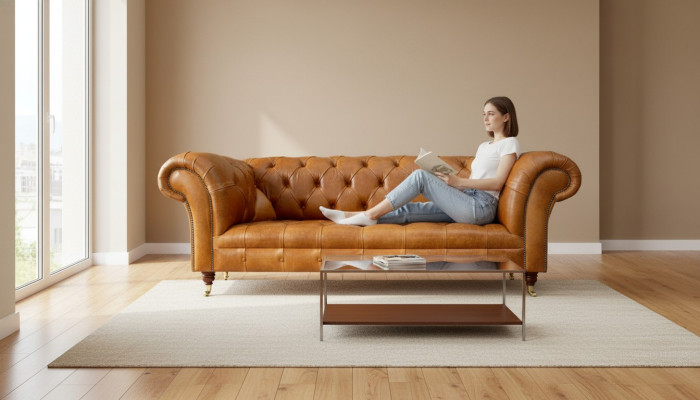Chesterfield divano a 3 posti in pelle di design moderno color noce.