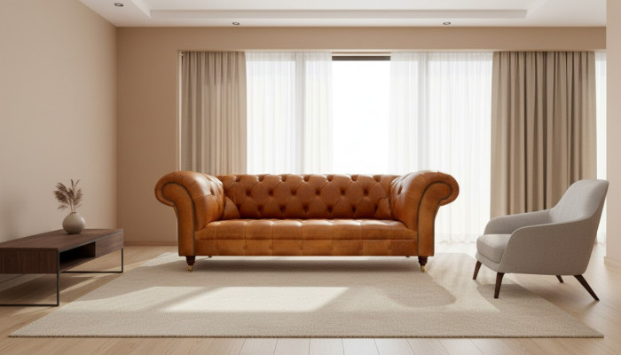 Chesterfield divano a 3 posti in pelle di design moderno color noce.