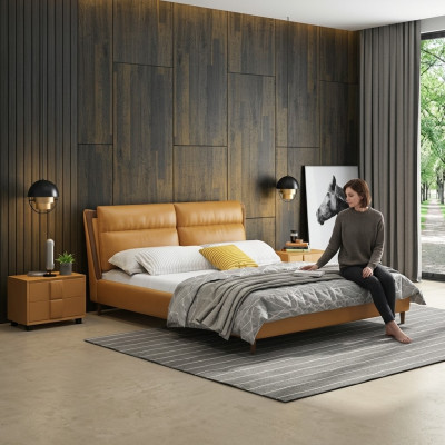 Design Letto in Pelle di Lusso Letti Imbottiti Camera da Letto Matrimoniale 180x200 Mobili Arancioni