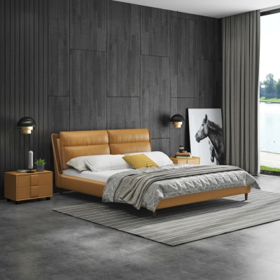 Design Letto in Pelle di Lusso Letti Imbottiti Camera da Letto Matrimoniale 180x200 Mobili Arancioni