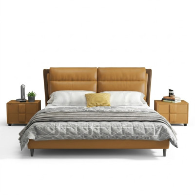 Design Letto in Pelle di Lusso Letti Imbottiti Camera da Letto Matrimoniale 180x200 Mobili Arancioni