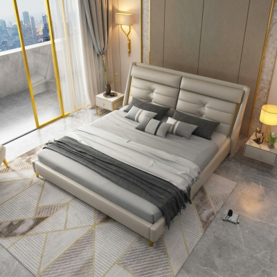 Camera da letto di lusso con letto matrimoniale in pelle da 180x200 cm.