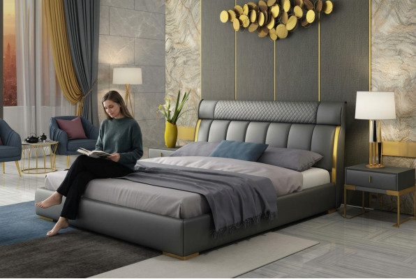 Camera da letto moderna in pelle grigia con inserti in acciaio inossidabile dorato