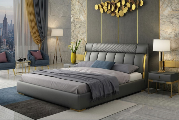 Camera da letto moderna in pelle grigia con inserti in acciaio inossidabile dorato