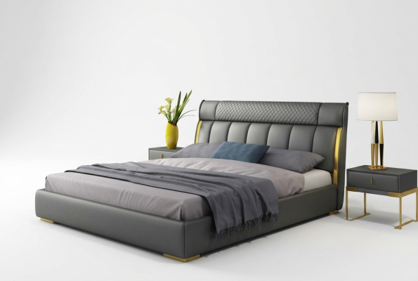 Camera da letto moderna in pelle grigia con inserti in acciaio inossidabile dorato