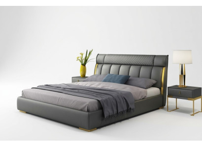 Camera da letto moderna in pelle grigia con inserti in acciaio inossidabile dorato