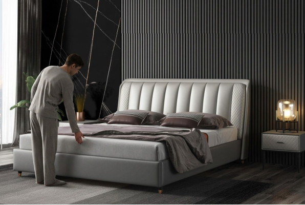 Comò letto Schlafzimmer Betten Tessuto Pelle Hotel Lusso Imbottiti XXL Grande Legno