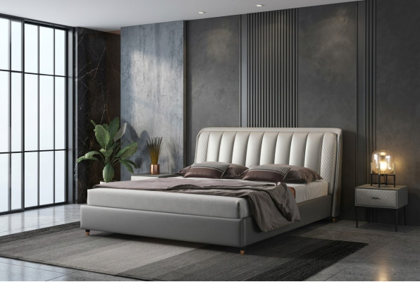 Comò letto Schlafzimmer Betten Tessuto Pelle Hotel Lusso Imbottiti XXL Grande Legno
