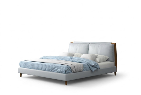 Moderno letto matrimoniale 180x200 in design in pelle bianca su gambe di legno