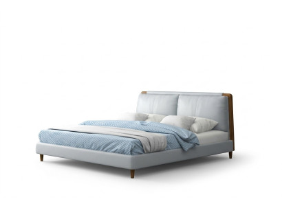 Moderno letto matrimoniale 180x200 in design in pelle bianca su gambe di legno
