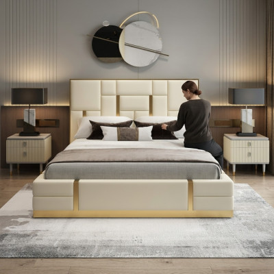 Moderno letto di lusso camera da letto in pelle italiana imbottita letti matrimoniali design in metallo.
