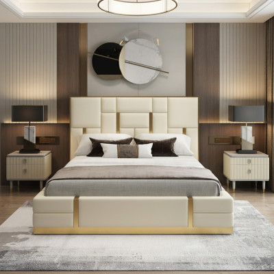 Moderno letto di lusso camera da letto in pelle italiana imbottita letti matrimoniali design in metallo.