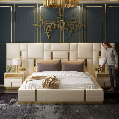 Letto Imbottito Design di Lusso in Legno Letti Matrimoniali Albergo Camera da Letto