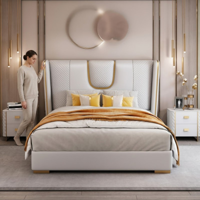 Camera da letto di lusso con letto matrimoniale in pelle e metallo da 150/180x200 cm.