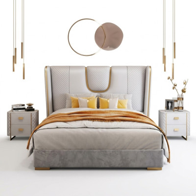 Camera da letto di lusso con letto matrimoniale in pelle e metallo da 150/180x200 cm.